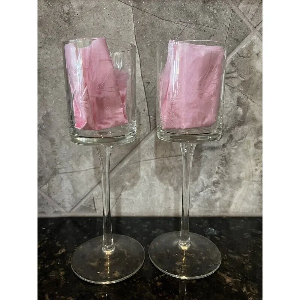 Long Stem Tall Crystal Pillar Votive Candle Holder Etched Flowers Set of 2